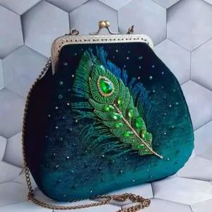cross stitched peacock feather clutch bag